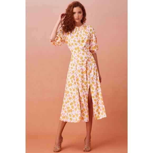 Keepsake Yellow Pink Floral Short Sleeve Midi Dress Size Medium - Picture 1 of 7